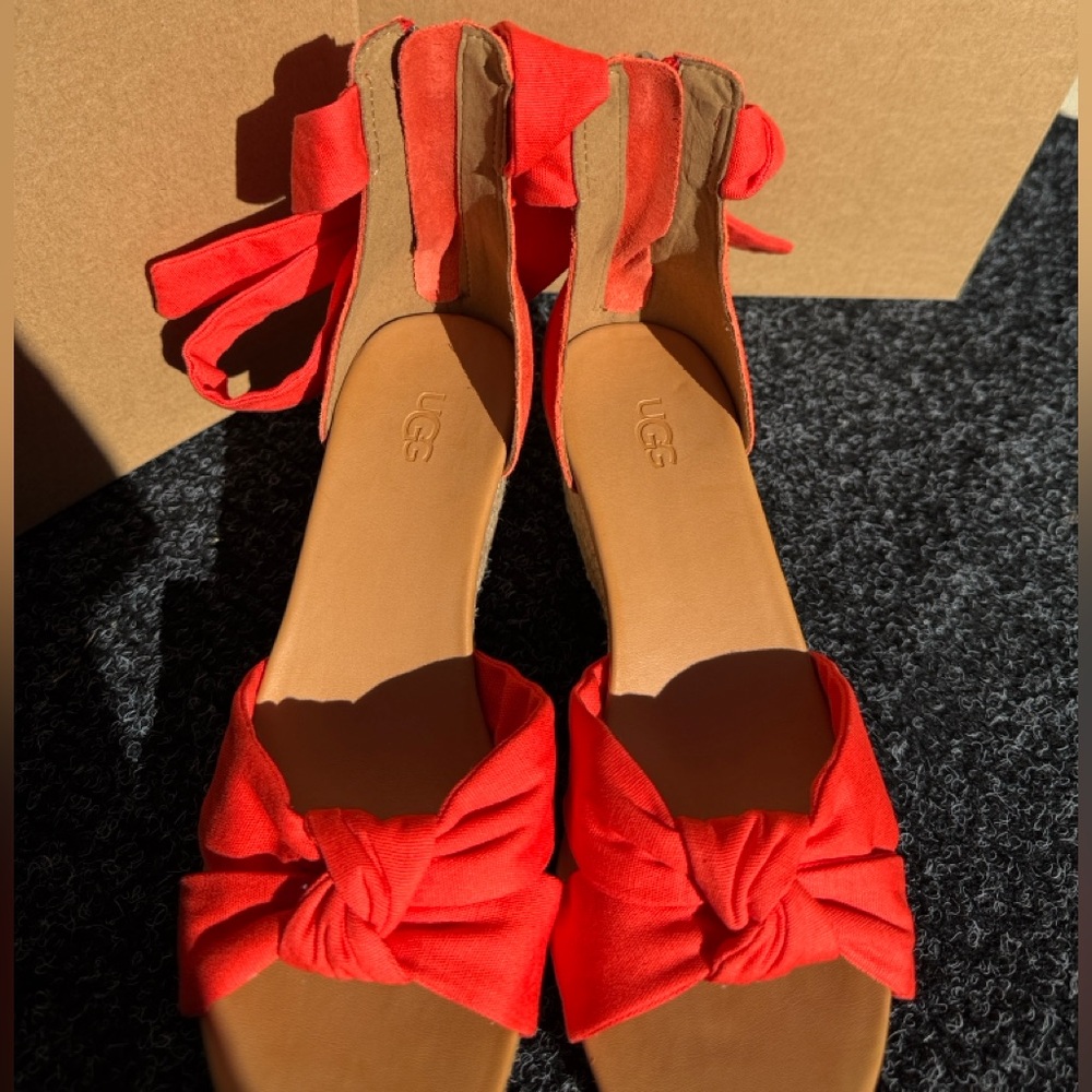 UGG Yarrow Espadrille Wedge Sandal Coral Suede Ankle Tie - Picture 8 of 14